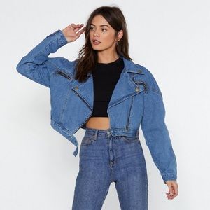 Nasty Gal Crop Biker Denim Jacket Bomber Style